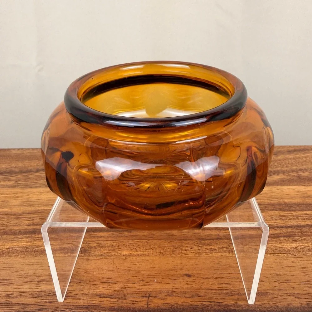 Vintage Amber Glass Powder Jar Base Sunburst Bottom Trinket Dish Honey Gold